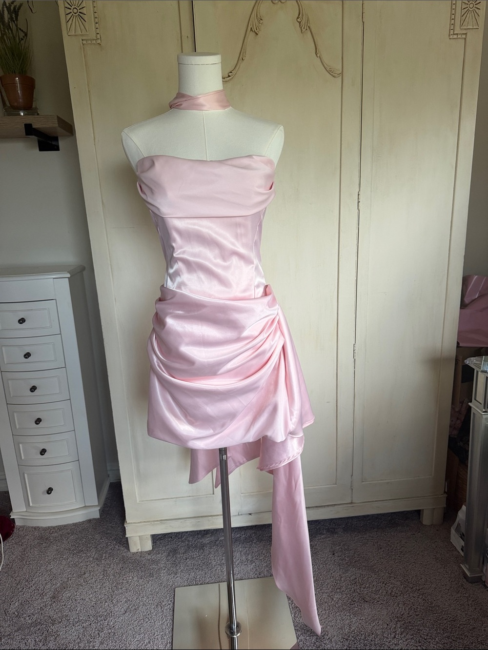 Strapless Satin Pink Cocktail Dress with Draped Skirt Miss Rosier